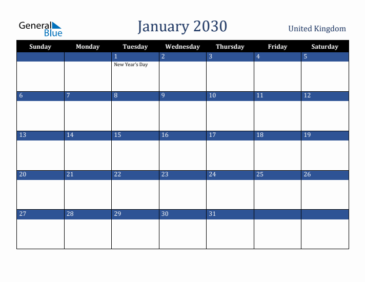 January 2030 United Kingdom Calendar (Sunday Start)