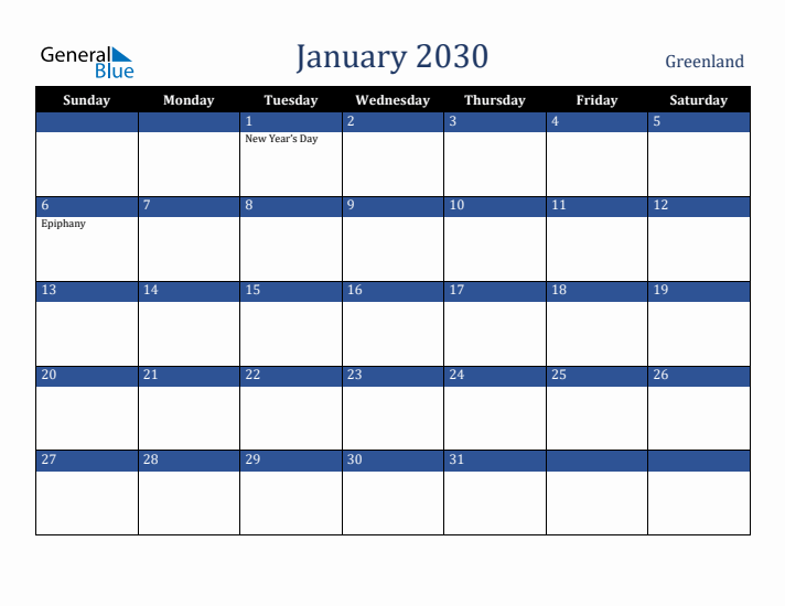 January 2030 Greenland Calendar (Sunday Start)