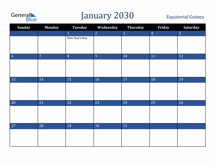 January 2030 Equatorial Guinea Calendar (Sunday Start)