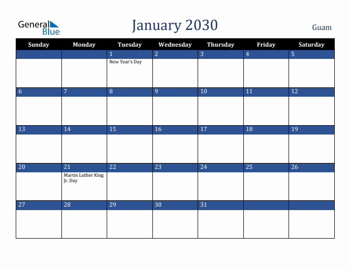 January 2030 Guam Calendar (Sunday Start)