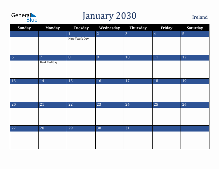 January 2030 Ireland Calendar (Sunday Start)