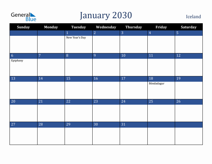 January 2030 Iceland Calendar (Sunday Start)