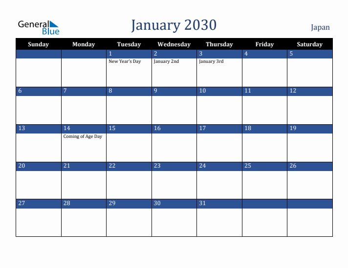 January 2030 Japan Calendar (Sunday Start)