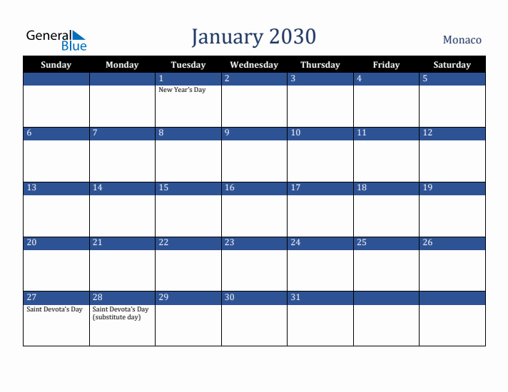 January 2030 Monaco Calendar (Sunday Start)