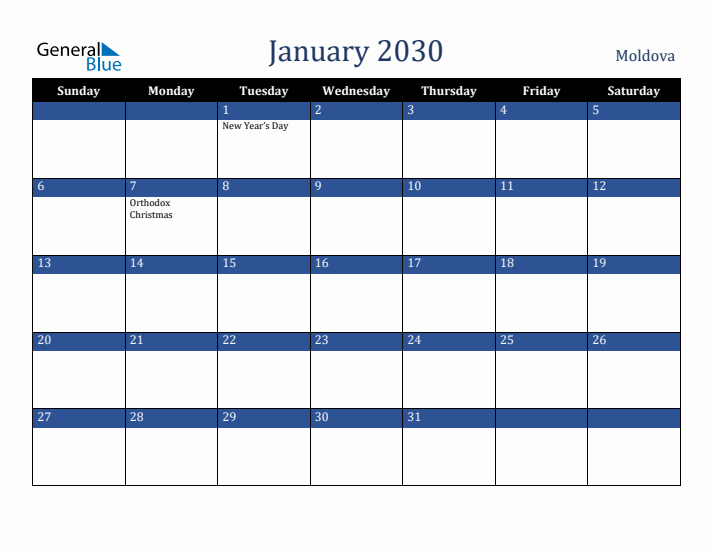 January 2030 Moldova Calendar (Sunday Start)