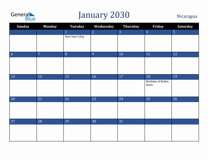 January 2030 Nicaragua Calendar (Sunday Start)