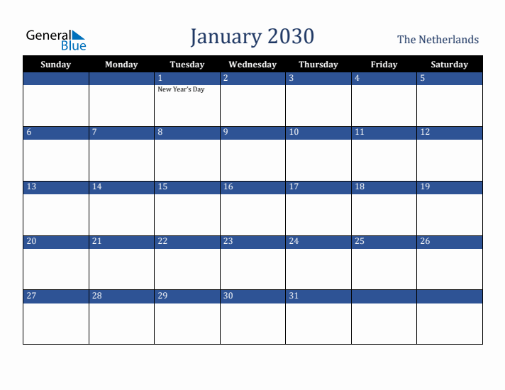 January 2030 The Netherlands Calendar (Sunday Start)