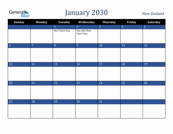 January 2030 New Zealand Calendar (Sunday Start)