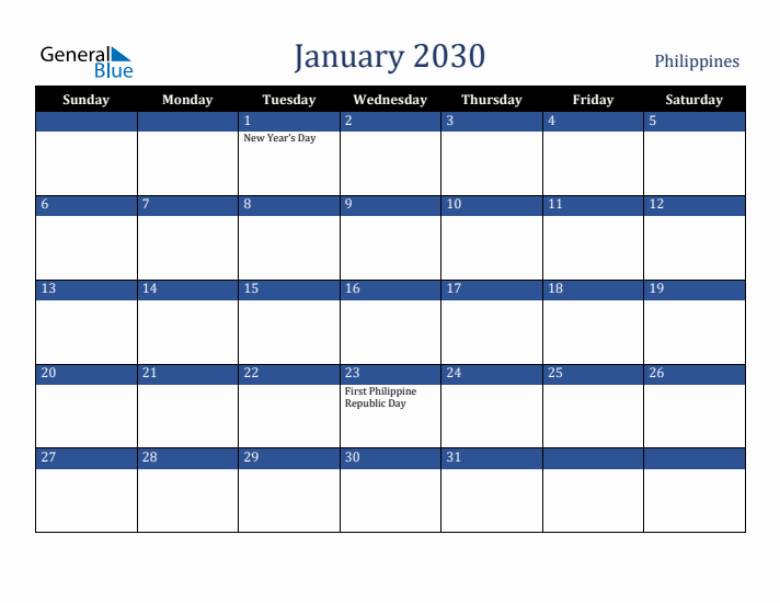 January 2030 Philippines Calendar (Sunday Start)
