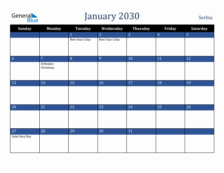 January 2030 Serbia Calendar (Sunday Start)
