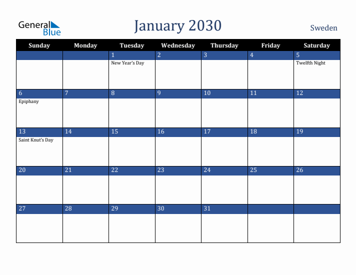 January 2030 Sweden Calendar (Sunday Start)