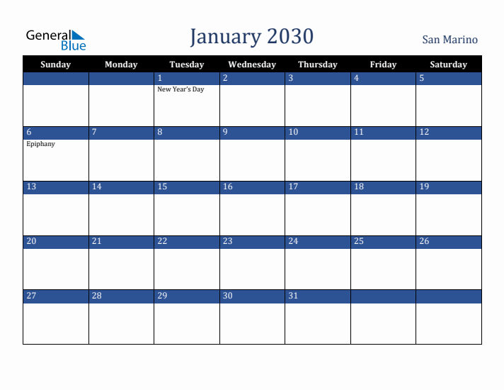 January 2030 San Marino Calendar (Sunday Start)