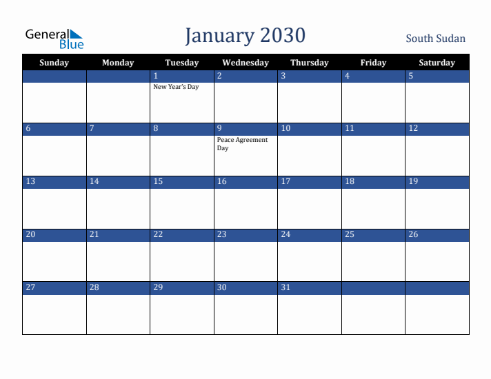 January 2030 South Sudan Calendar (Sunday Start)