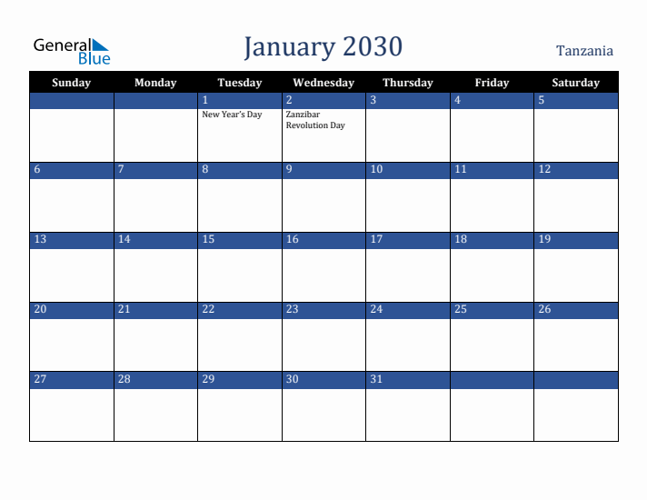 January 2030 Tanzania Calendar (Sunday Start)