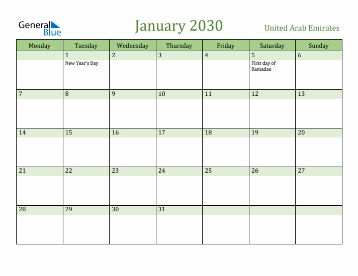 January 2030 Calendar with United Arab Emirates Holidays