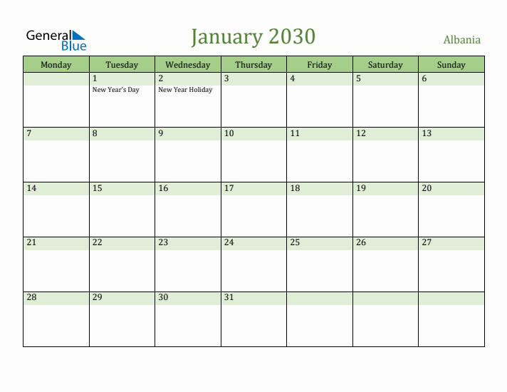 January 2030 Calendar with Albania Holidays