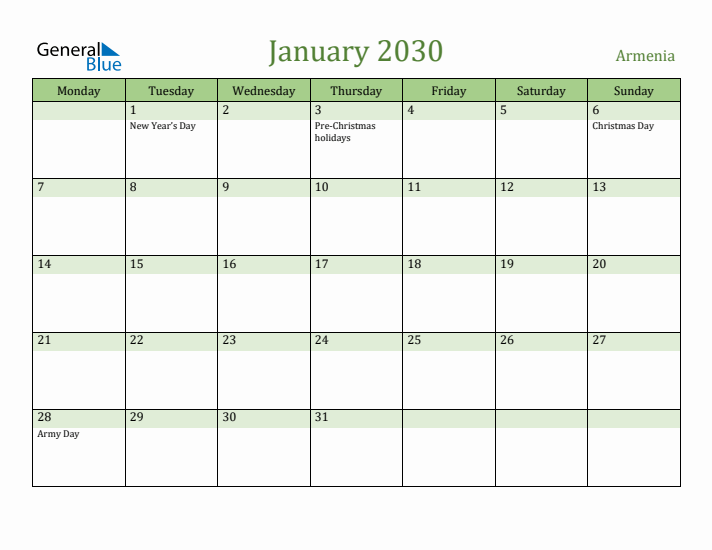 January 2030 Calendar with Armenia Holidays
