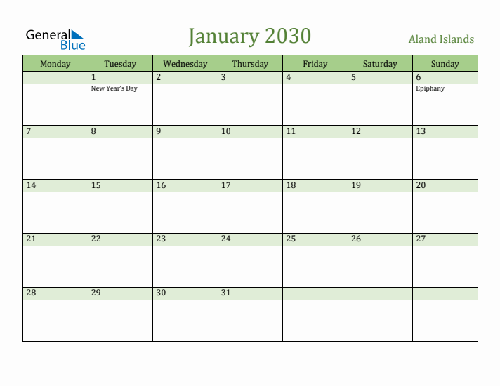 January 2030 Calendar with Aland Islands Holidays