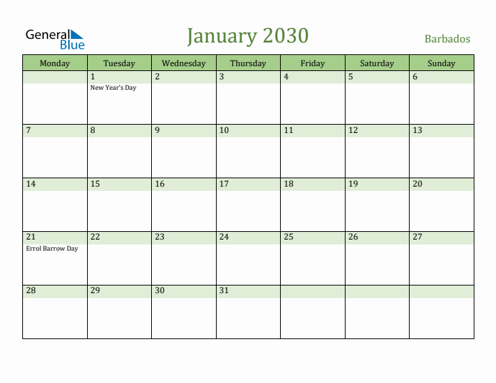 January 2030 Calendar with Barbados Holidays