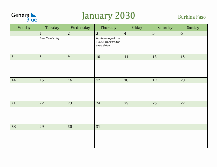 January 2030 Calendar with Burkina Faso Holidays