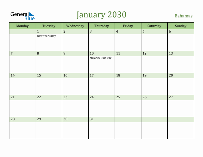 January 2030 Calendar with Bahamas Holidays