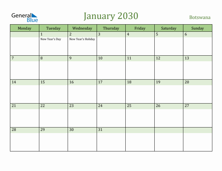 January 2030 Calendar with Botswana Holidays