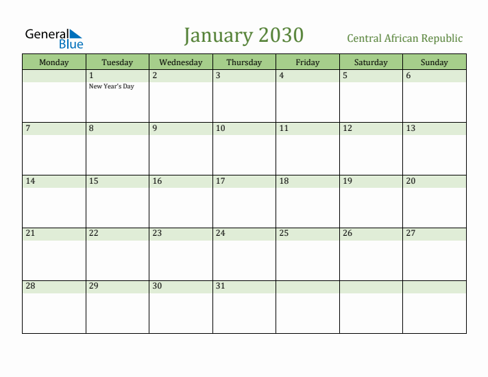 January 2030 Calendar with Central African Republic Holidays