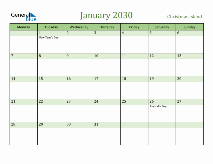January 2030 Calendar with Christmas Island Holidays