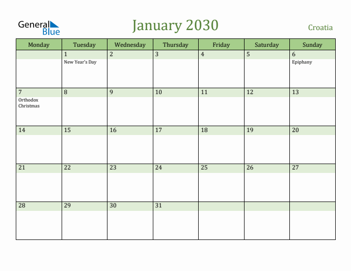January 2030 Calendar with Croatia Holidays