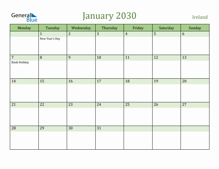 January 2030 Calendar with Ireland Holidays