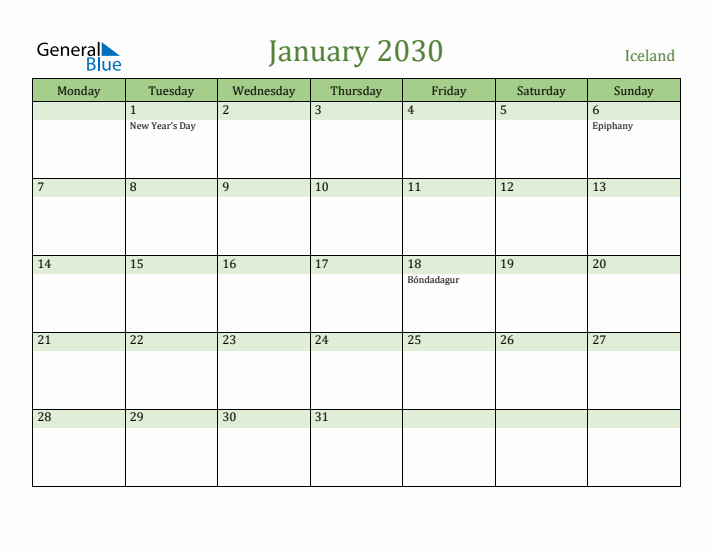January 2030 Calendar with Iceland Holidays