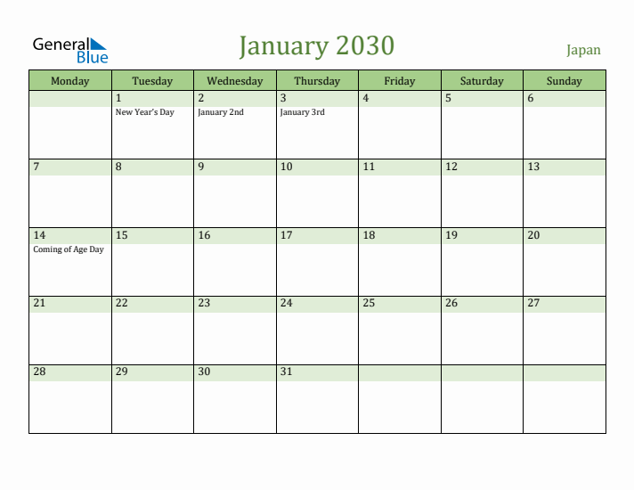 January 2030 Calendar with Japan Holidays