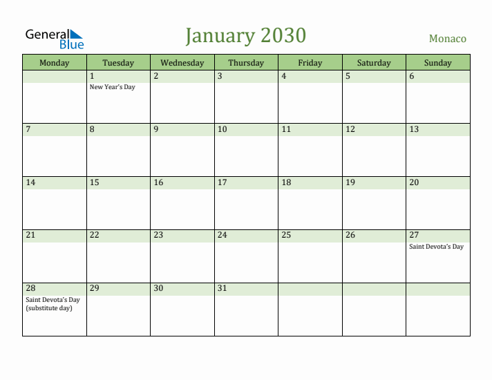 January 2030 Calendar with Monaco Holidays