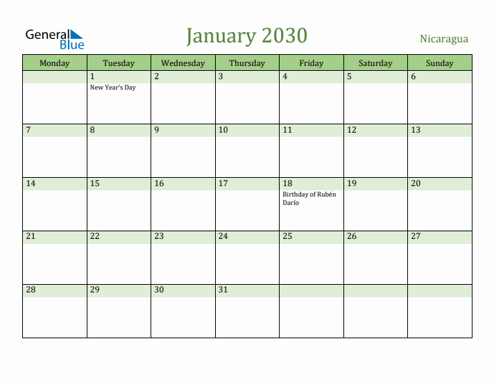 January 2030 Calendar with Nicaragua Holidays