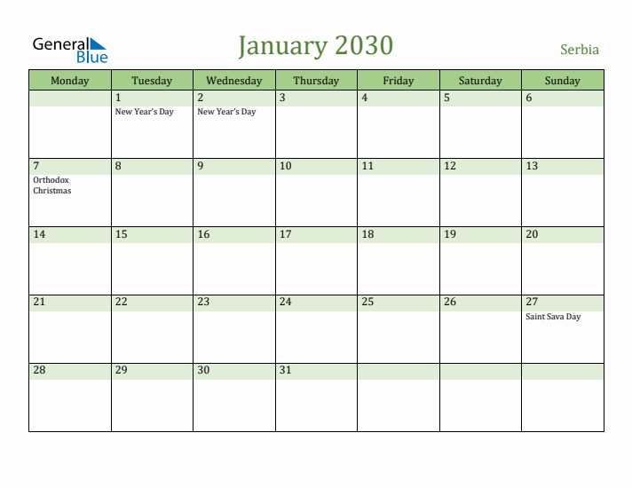 January 2030 Calendar with Serbia Holidays