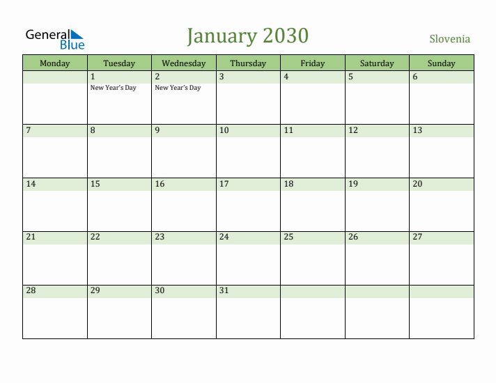 January 2030 Calendar with Slovenia Holidays