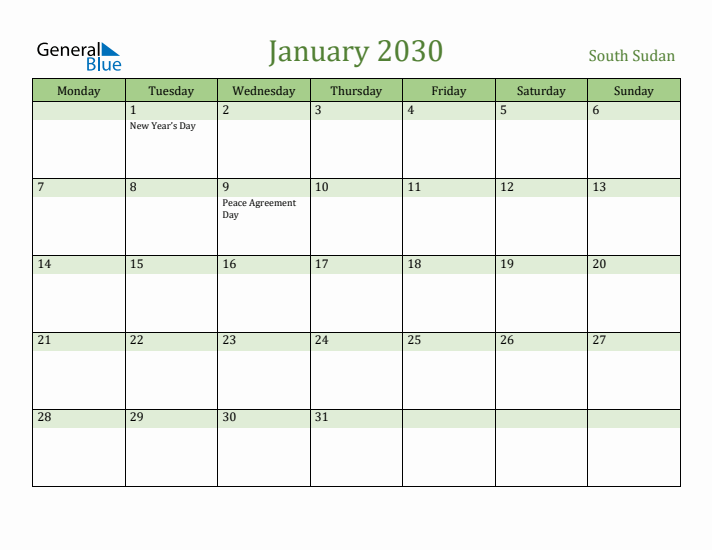 January 2030 Calendar with South Sudan Holidays