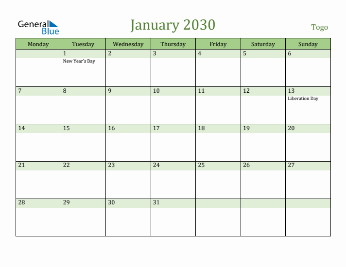January 2030 Calendar with Togo Holidays