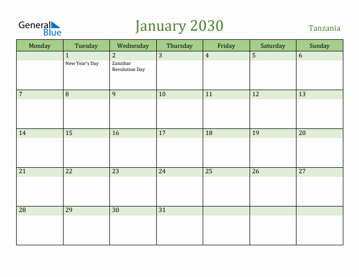January 2030 Calendar with Tanzania Holidays