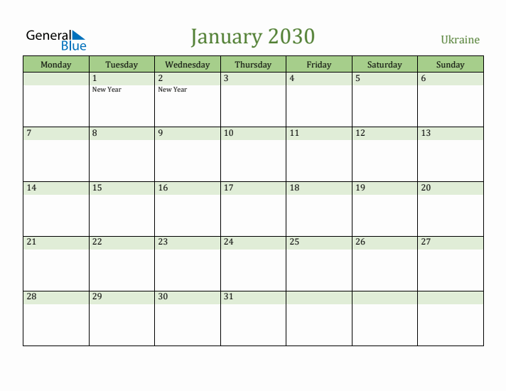 January 2030 Calendar with Ukraine Holidays