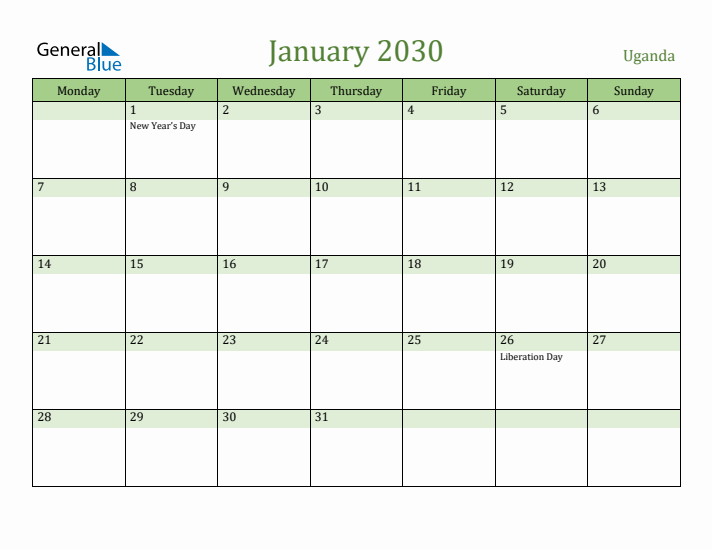 January 2030 Calendar with Uganda Holidays