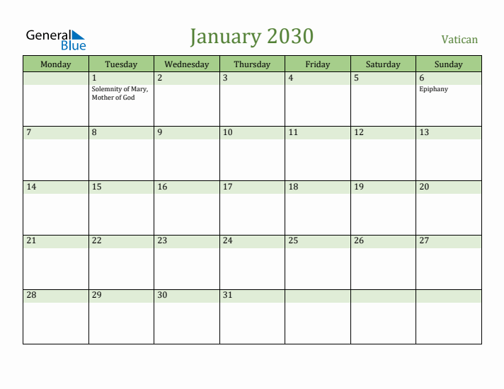 January 2030 Calendar with Vatican Holidays