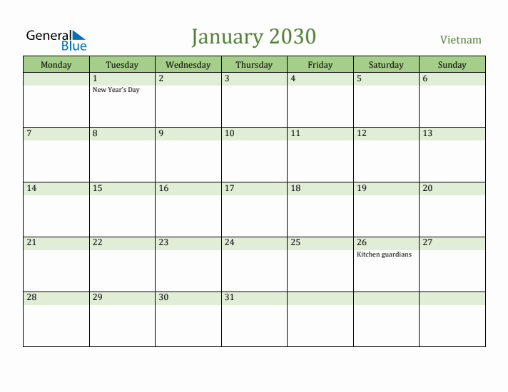 January 2030 Calendar with Vietnam Holidays