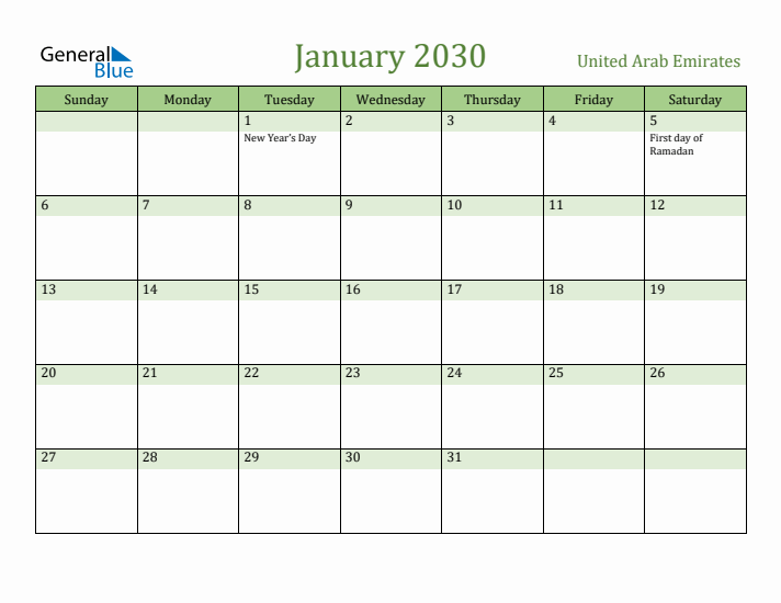 January 2030 Calendar with United Arab Emirates Holidays