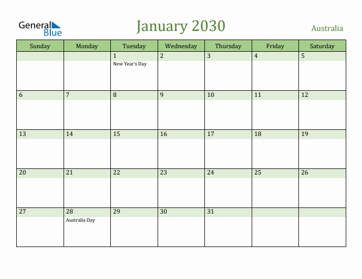 January 2030 Calendar with Australia Holidays