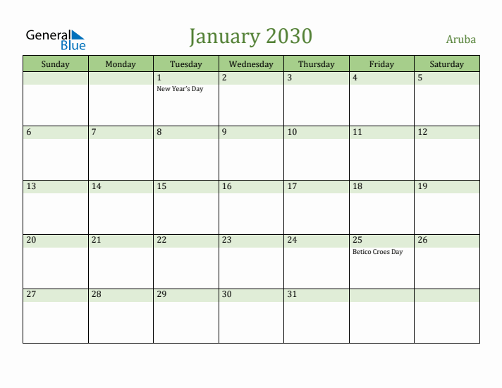 January 2030 Calendar with Aruba Holidays