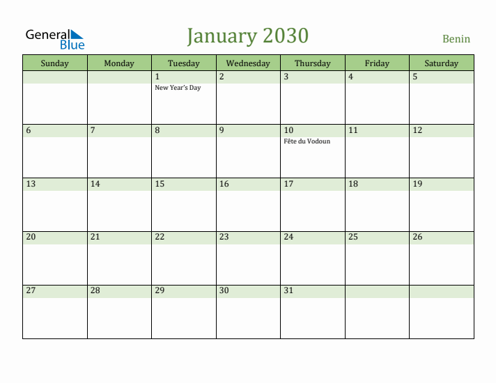 January 2030 Calendar with Benin Holidays