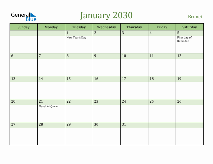 January 2030 Calendar with Brunei Holidays