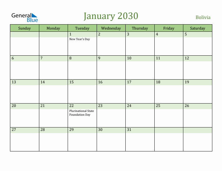 January 2030 Calendar with Bolivia Holidays