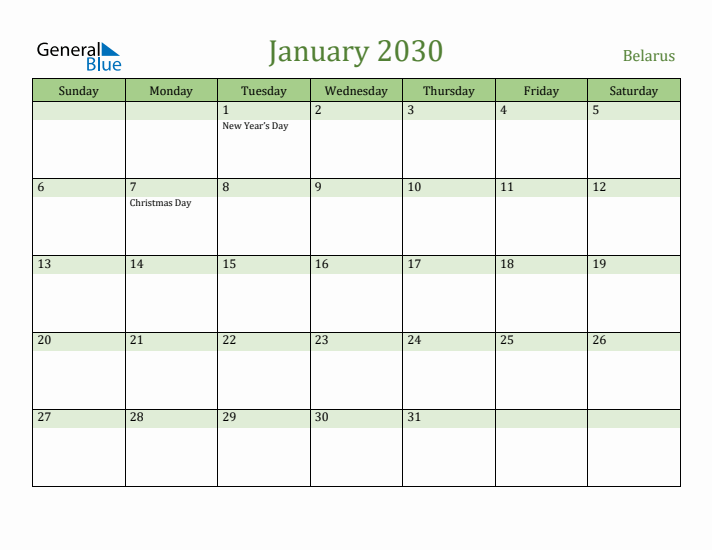January 2030 Calendar with Belarus Holidays